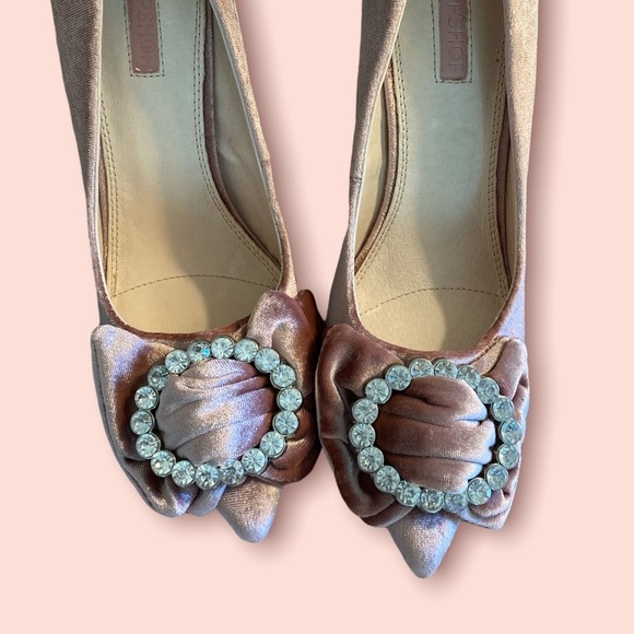 TOPSHOP Pink Velvet Jeweled Wedding Stiletto Heels w Bows & Rhinestones - Picture 14 of 16